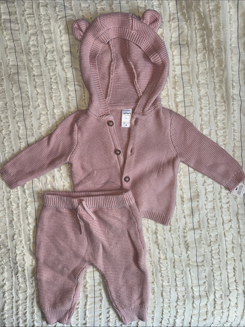 Carter's Pink Knit Hoodie & Pants Set with Bear Ears